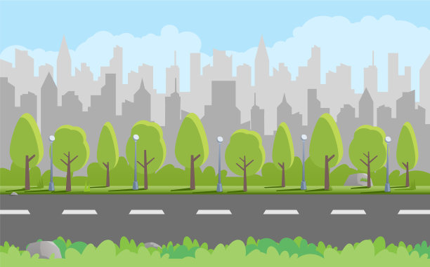 平坦的城市景观，建筑，绿树图片下载