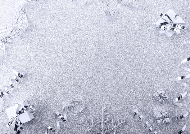 圣诞节的背景图片。明亮的银色背景与丝带和礼物图片下载