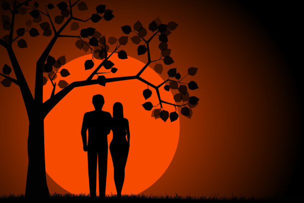 在月光的背景下，树下相爱的男女彼此拥抱的剪影。矢量图图片下载