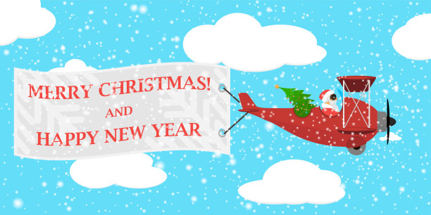 圣诞老人乘坐飞机，带着“圣诞快乐，新年快乐”的banner。矢量插画图片下载