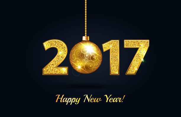 2017年新年快乐金色在黑色贺卡的背景与金色圣诞球和金色闪闪发光的文字。矢量图图片下载