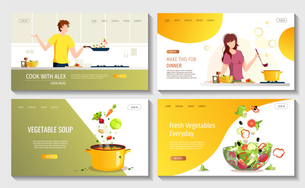 食物博客，烹饪，食谱，晚餐，自制食物的网页集。人们在厨房里准备食物。锅里有汤，碗里有沙拉。图片下载