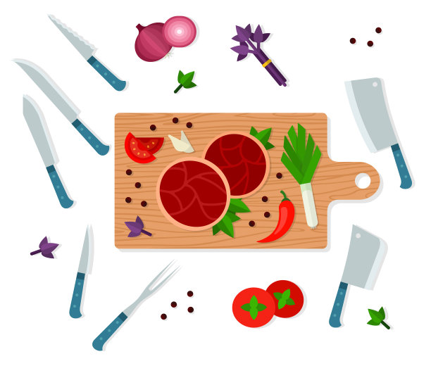 切菜板配肉、蔬菜和香料图片下载