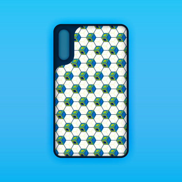蓝色手机屏幕模型模板。未来几何和抽象的六边形背景。逼真的智能手机外壳模型设计。可用于市场营销、广告、社交媒体、印刷图片下载