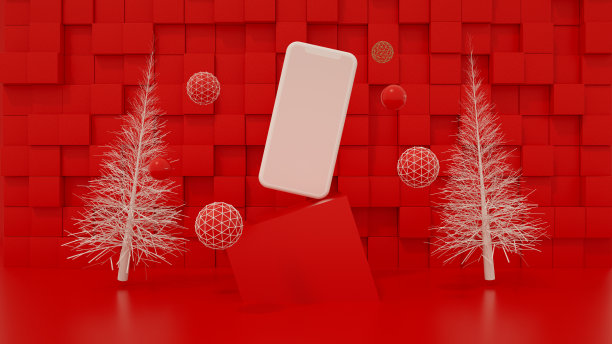 黑屏智能手机与圣诞树，最小新年概念，零重力，红色背景图片下载