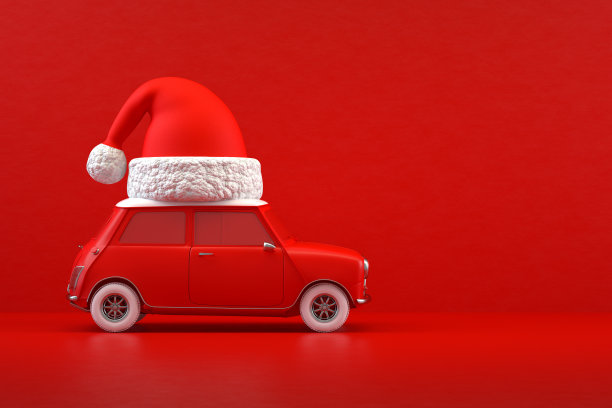 圣诞旅游假日概念，红色汽车，红色背景图片下载