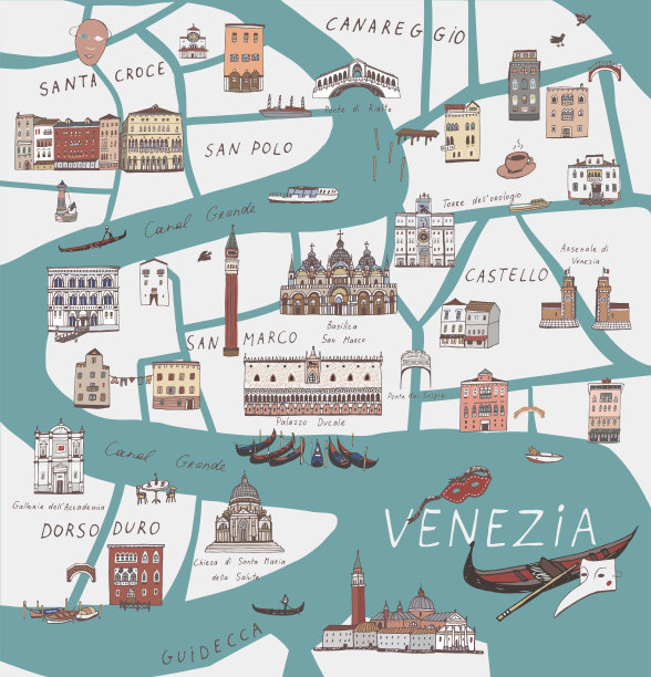 旅游威尼斯意大利城市地图矢量插图图片下载
