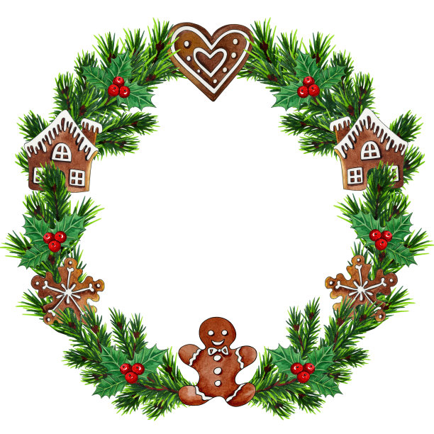 用云杉树枝和姜饼做成的水彩花环图片下载