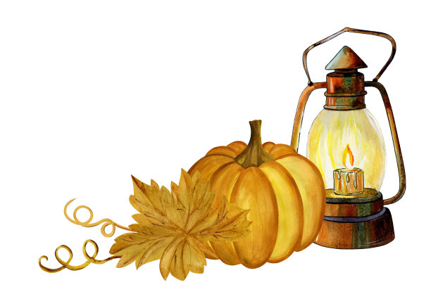 用南瓜、灯笼和树叶做成的水彩画图片下载