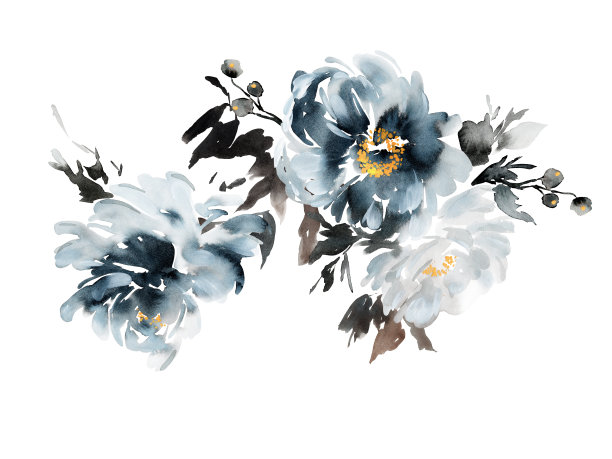 水彩画卡与一束鲜花在靛蓝图片下载