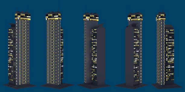 高科技虚构的房子在晚上发光，孤立的侧视图市中心生活概念-摩天大楼的3d插图图片下载