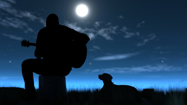 吉他手坐在月光下与他的狗和弹奏他的吉他视图从后面的3d渲染图片下载