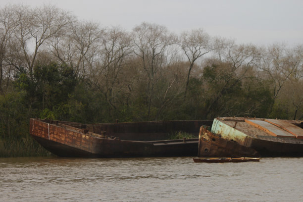这艘生锈的旧船被遗弃在布宜诺斯艾利斯Tigre镇的港口图片下载