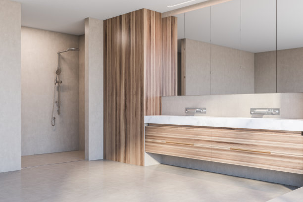双水槽和淋浴在现代木质浴室角落图片下载