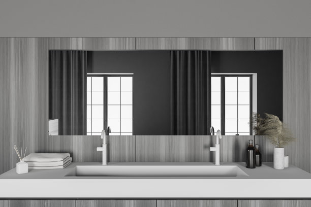 现代灰色和木制浴室内部与水槽，近距离图片下载