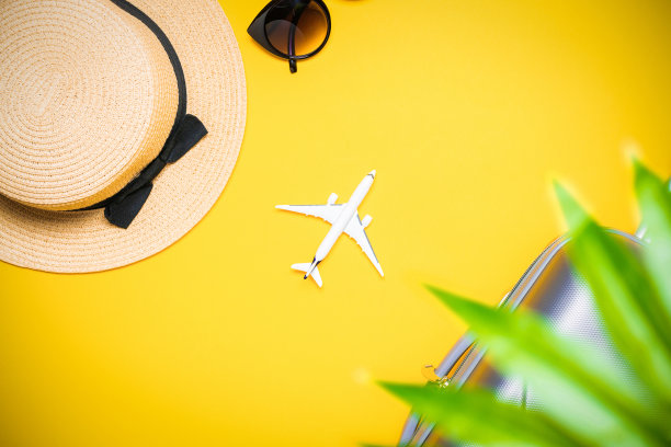 热带的背景。手提箱、棕叶太阳镜、草帽、黄色背景上白色飞机的旅行构图。带有复印空间的异国情调热带海滩。图片下载
