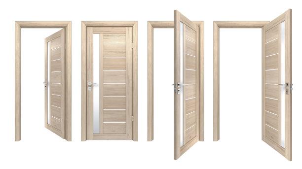 一套3D现实门与垂直玻璃条纹和水平木板。高分辨率纹理轻松木入口孤立在白色背景图片下载