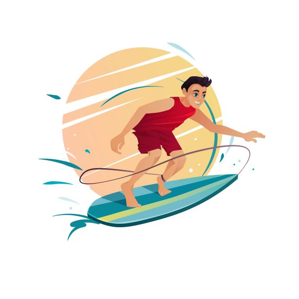 男孩在冲浪板上冲浪。男子游泳与身体板。向量卡通插图。图片下载