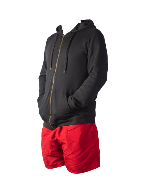 带有兜帽的熨斗拉链的运动衫和孤立在白色背景上的运动短裤。休闲运动服装图片下载