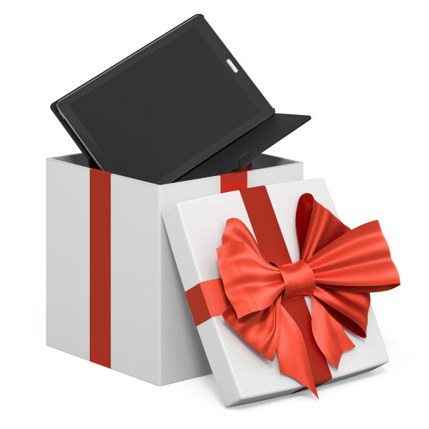 平板电脑内礼盒，现在的概念。3D渲染孤立的白色背景图片下载