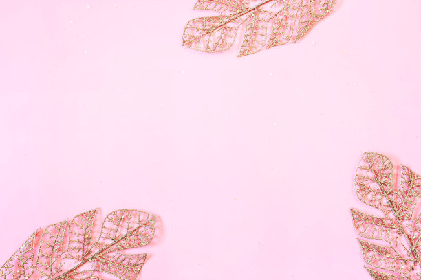 金色的人造叶子在粉红色的背景与文本复制空间。最小的风格。平的。庆祝美丽的背景。图片下载
