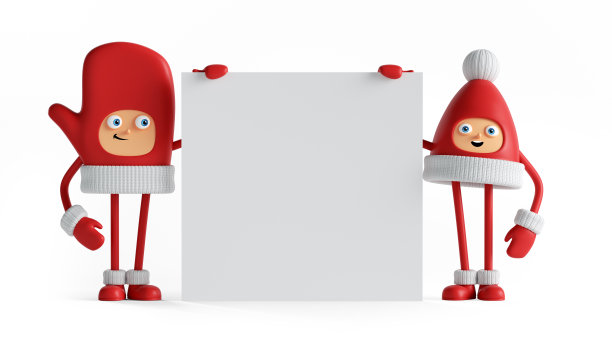 3d渲染，滑稽的圣诞人物手持白色方形卡片，空白横幅模型。节日剪辑艺术孤立的白色背景图片下载