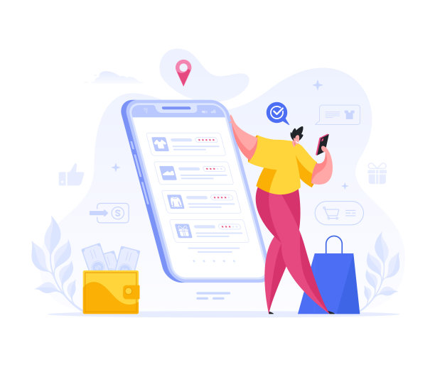 男人选择智能手机平面概念的网上服装店。图片下载