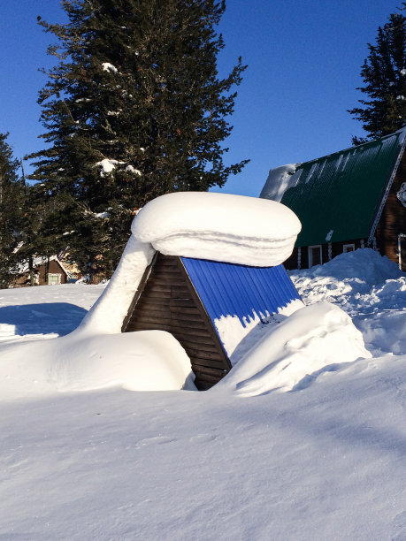 小木屋到屋顶都覆盖着雪，大木屋被雪困在屋顶上。图片下载