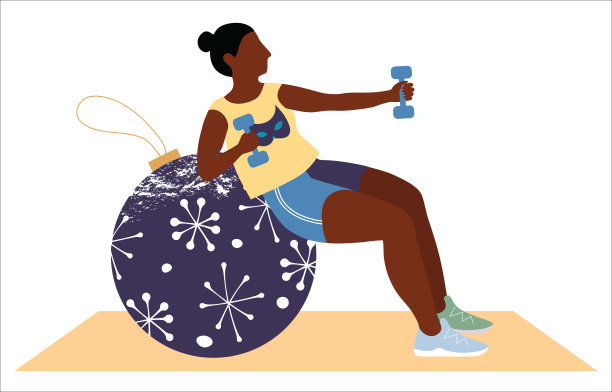 从新年开始做运动或去健身房。一个女人用哑铃和健身球做运动，为圣诞节和新年庆祝做准备，或者在新年和圣诞节庆祝后锻炼身体。图片下载