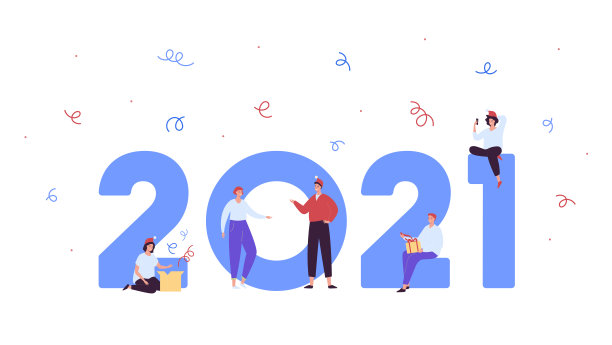 新年庆祝概念。矢量平面人物插图。旗帜模板。一群男人和女人带着礼品盒，圣诞帽，智能手机。2021年文本背景。网页设计元素。图片下载