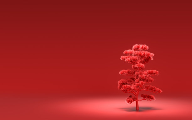 没有装饰的单一圣诞树与单色纯红色在红色背景与复制空间，3d渲染图片下载