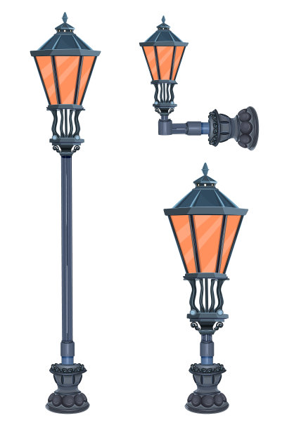 街灯现实设置孤立的白色背景。收集城市维多利亚时期的灯光。图片下载