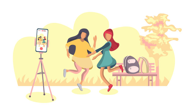女孩们用三脚架为社交网络和视频服务拍摄视频。女孩在大自然中随着音乐起舞。学校的书包躺在树下公园的长凳上。向量图片下载