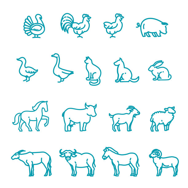 农场动物，细线风格，平面设计。矢量图标设置图片下载