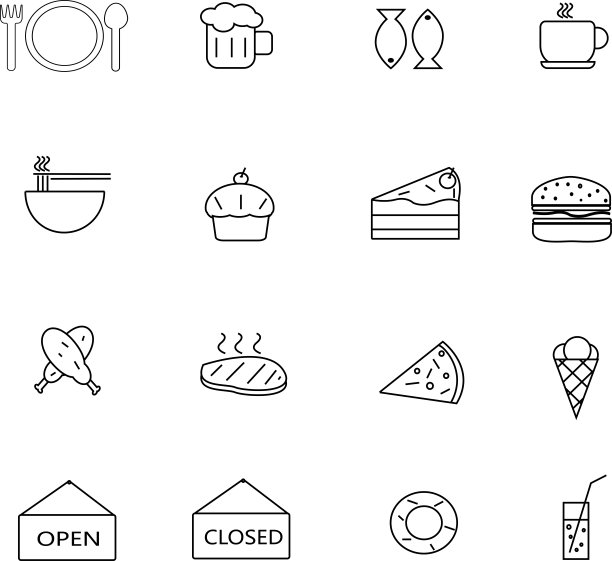 食物和饮料图标集，细线，适合咖啡馆，餐厅，和快餐，也为信息图，网站和印刷媒体矢量和插画eps10图片下载