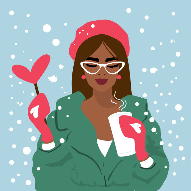 一个美丽的女孩的肖像，拿着一杯咖啡和一个心形的拐杖糖果在雪的背景。冬季假期,圣诞节。向量时装插图图片下载