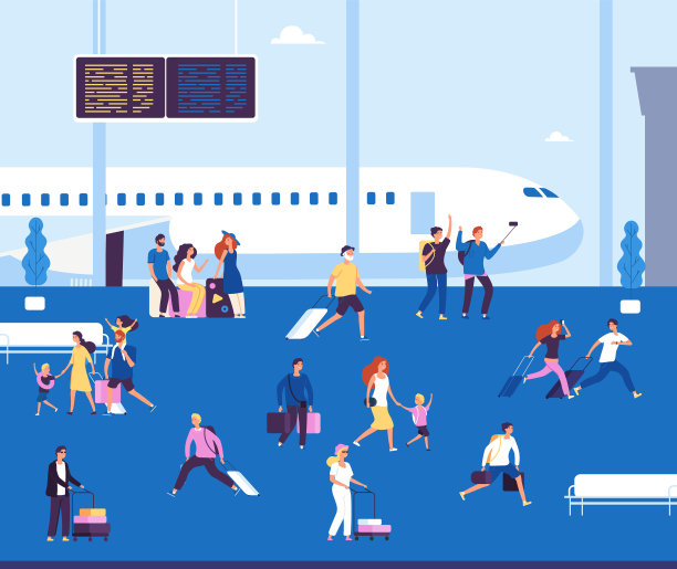 机场航站楼室内。情侣游客带着旅行箱在机场候机楼等待行走，旅客旅行矢量概念图片下载