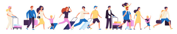 旅游集团。快乐的游客带着行李箱一起在机场行走，家庭旅行者旅行矢量孤立插图图片下载