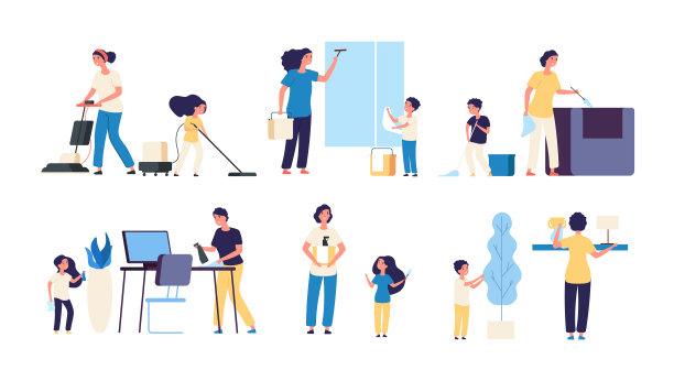 孩子的父母清洁。妈妈，爸爸，孩子，清洁工，家务，吸尘，打扫，家用设备，矢量，卡通人物图片下载