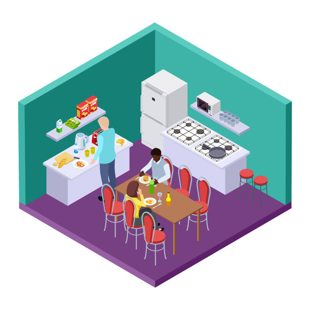 共享厨房在国际招待所等距矢量位置图片下载