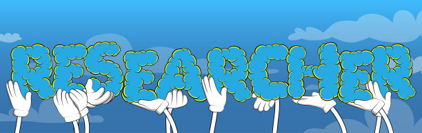 不同的手握着“研究员”这个词。图片下载