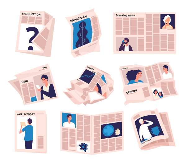 期报纸。现代小报新闻出版，报纸捆皱纸。商业出版社杂志孤立向量集图片下载
