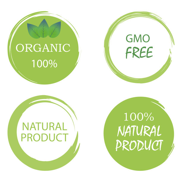 非转基因邮票，天然产物，手绘样式。食品标志。质量设置。圆形的标志。股票的形象。每股收益10。图片下载