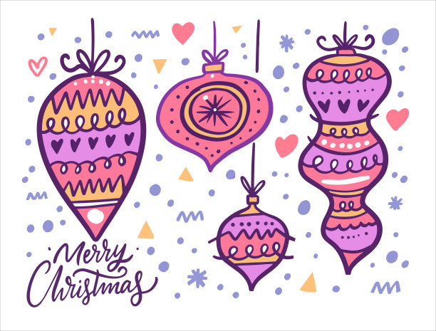 色彩鲜艳的圣诞球。手绘涂鸦风格。图片下载