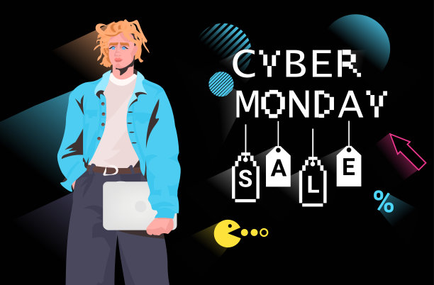 拿着笔记本电脑的女孩网络星期一网上销售海报广告传单假日购物促销8位像素图片下载