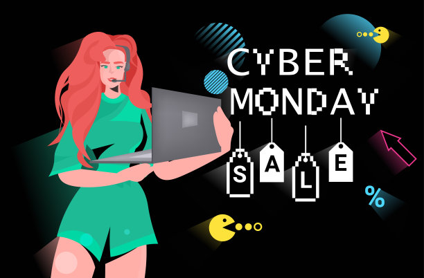 少女用笔记本电脑网购星期一网上促销海报广告传单节日购物促销8位像素艺术风格图片下载