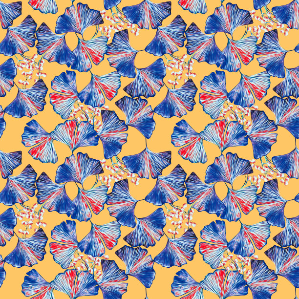 银杏叶有果实的无缝图案。图片下载