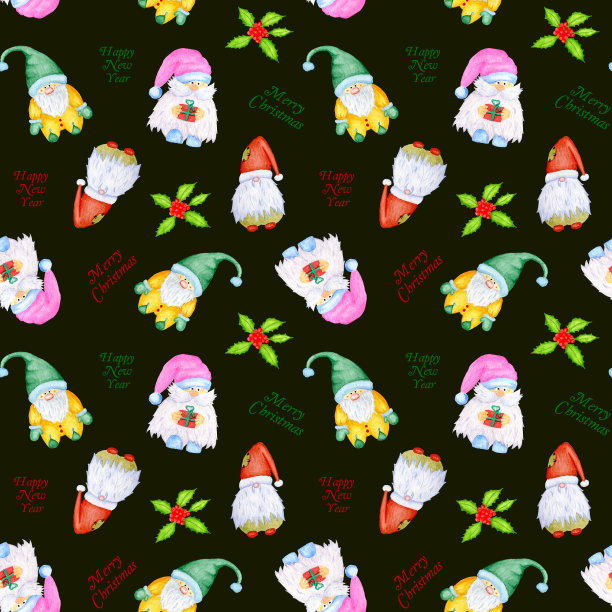 水彩无缝模式与滑稽的胡须地精在帽子与冬青在绿色的背景。上面写着圣诞快乐，新年快乐。包装纸，纺织品的设计图片下载