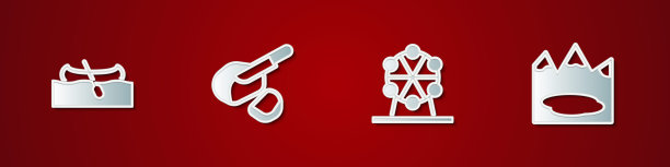 设置皮划艇或独木舟，Peameal培根，摩天轮和加拿大湖图标。向量图片下载