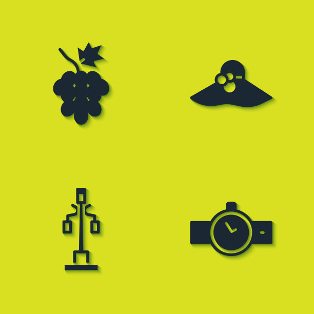 集葡萄果实、腕表、路灯和优雅女性帽子为一体的图标。向量图片下载